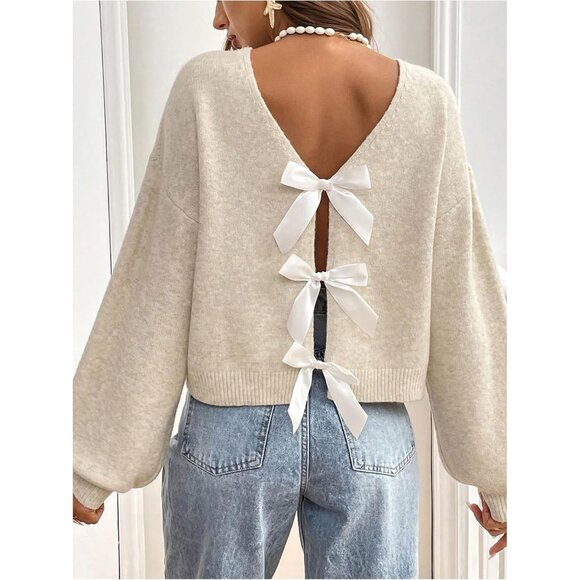 Women's Knitted Sweater Long Sleeve Open Back Bow Decor Cardigan Top - Picture 4 of 6